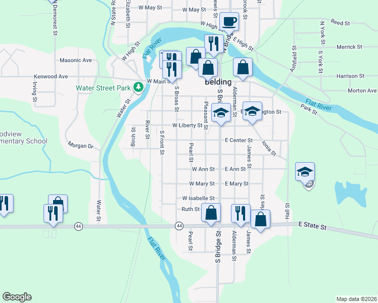 map of restaurants, bars, coffee shops, grocery stores, and more near 521 Pearl Street in Belding