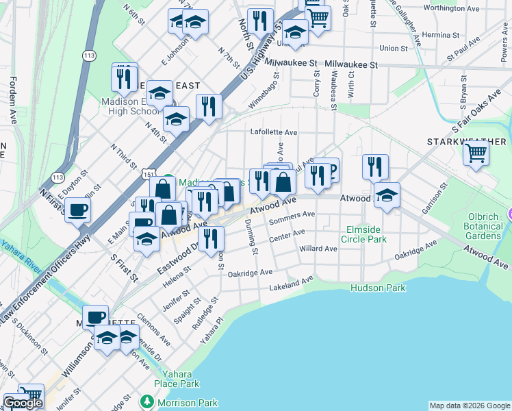 map of restaurants, bars, coffee shops, grocery stores, and more near 252 Jackson Street in Madison