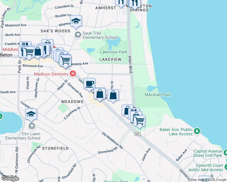 map of restaurants, bars, coffee shops, grocery stores, and more near 2109 North Gateway Street in Middleton