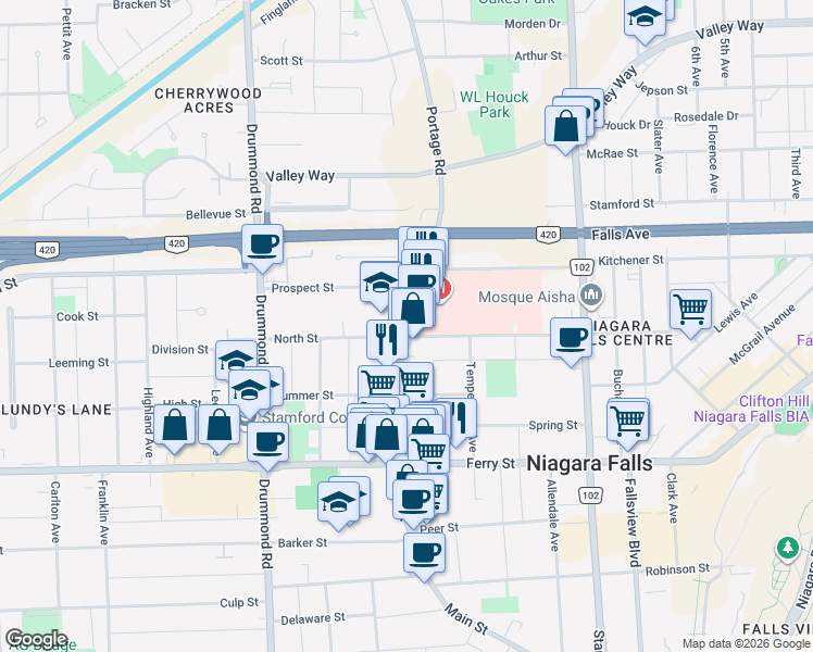 map of restaurants, bars, coffee shops, grocery stores, and more near 5589 Portage Road in Niagara Falls