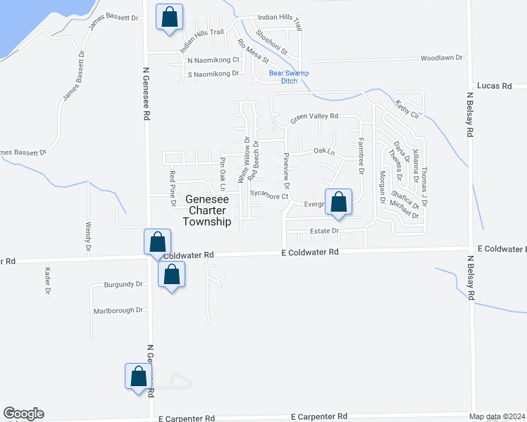 map of restaurants, bars, coffee shops, grocery stores, and more near 588 Red Beech Drive in Flint