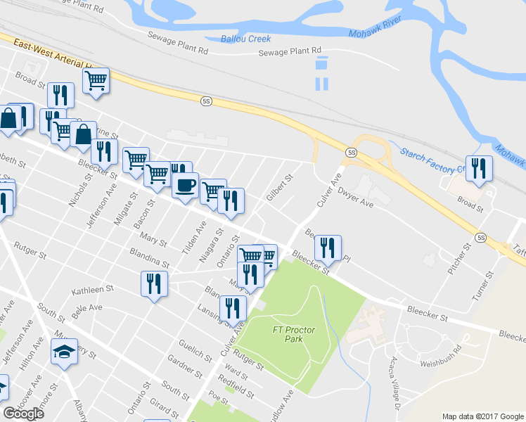 map of restaurants, bars, coffee shops, grocery stores, and more near 407 Gilbert St in Utica