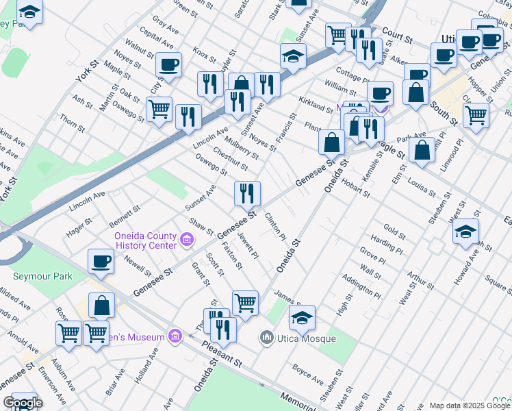 map of restaurants, bars, coffee shops, grocery stores, and more near in Utica