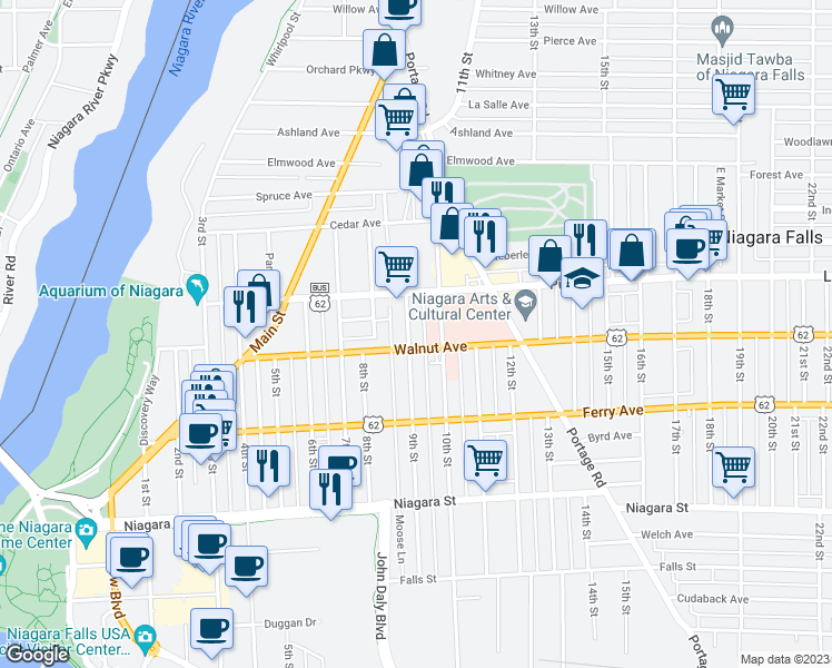 map of restaurants, bars, coffee shops, grocery stores, and more near 611 9th Street in Niagara Falls