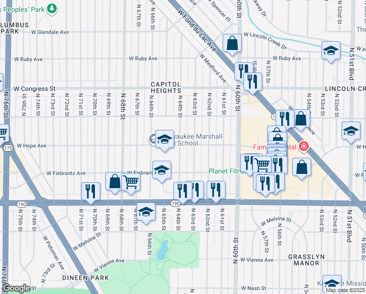 map of restaurants, bars, coffee shops, grocery stores, and more near 4174 North 64th Street in Milwaukee