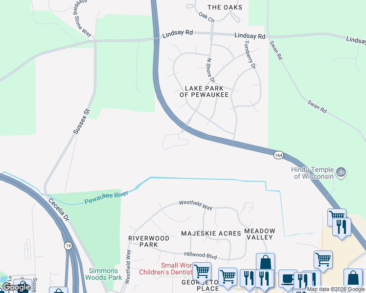 map of restaurants, bars, coffee shops, grocery stores, and more near 636 Fairfield Place in Pewaukee