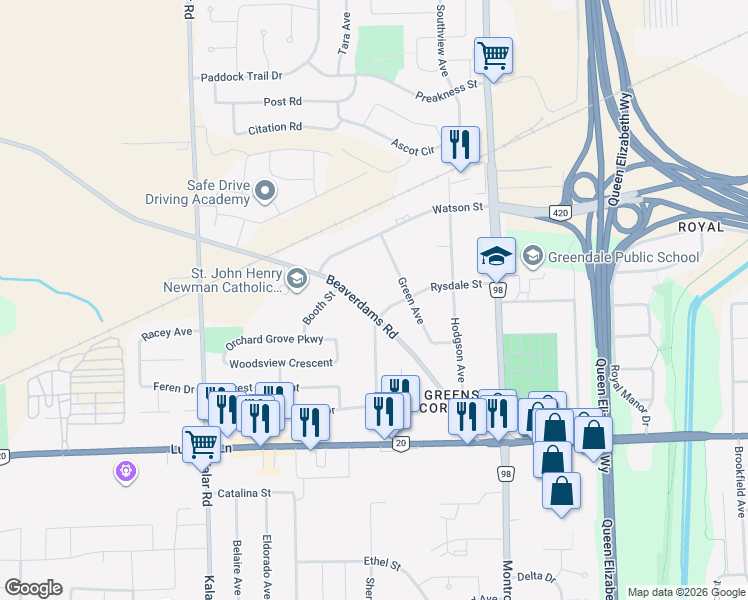 map of restaurants, bars, coffee shops, grocery stores, and more near in Niagara Falls