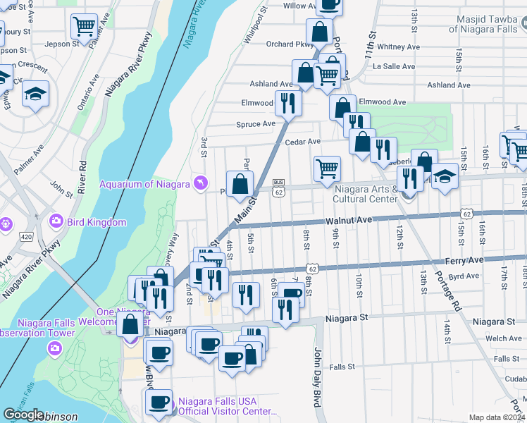 map of restaurants, bars, coffee shops, grocery stores, and more near 620 6th St in Niagara Falls