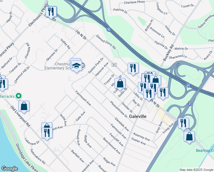 map of restaurants, bars, coffee shops, grocery stores, and more near 602 Drexler Street in Liverpool