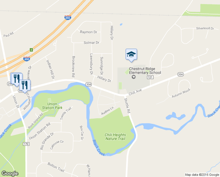 map of restaurants, bars, coffee shops, grocery stores, and more near 3618 Chili Avenue in Rochester