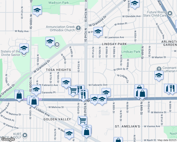 map of restaurants, bars, coffee shops, grocery stores, and more near 4206 North 92nd Street in Milwaukee