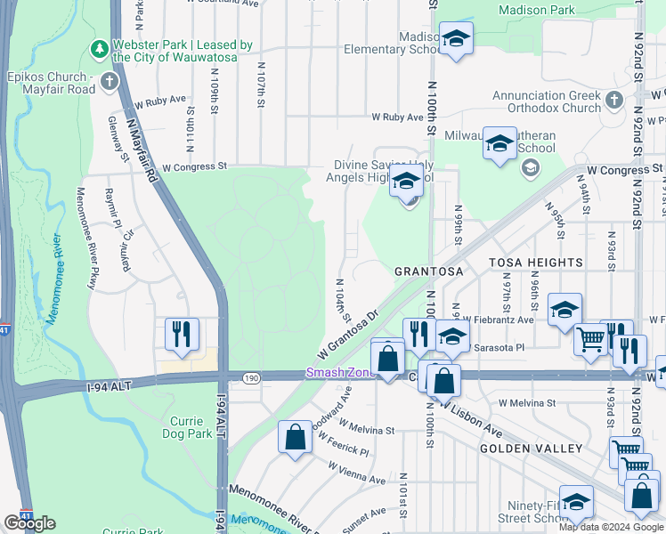 map of restaurants, bars, coffee shops, grocery stores, and more near 4205 North 104th Street in Milwaukee