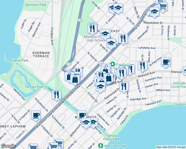 map of restaurants, bars, coffee shops, grocery stores, and more near 18 South 2nd Street in Madison