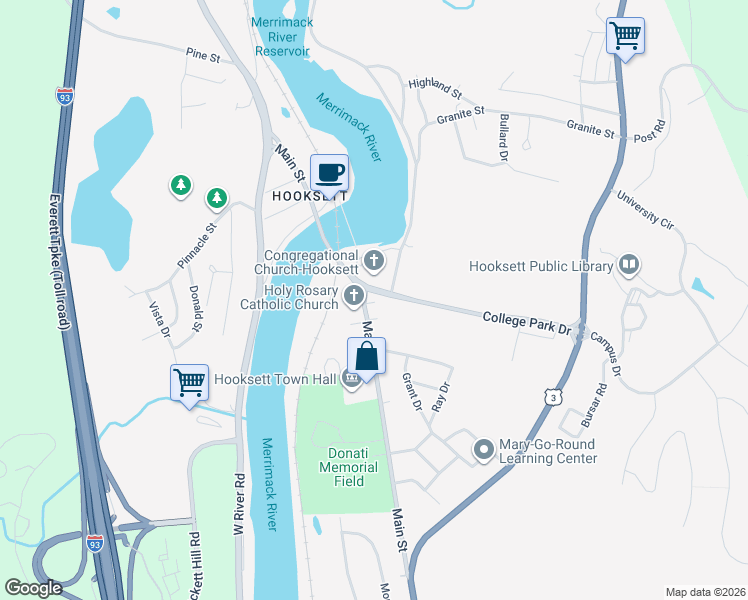map of restaurants, bars, coffee shops, grocery stores, and more near 20 South Main Street in Hooksett