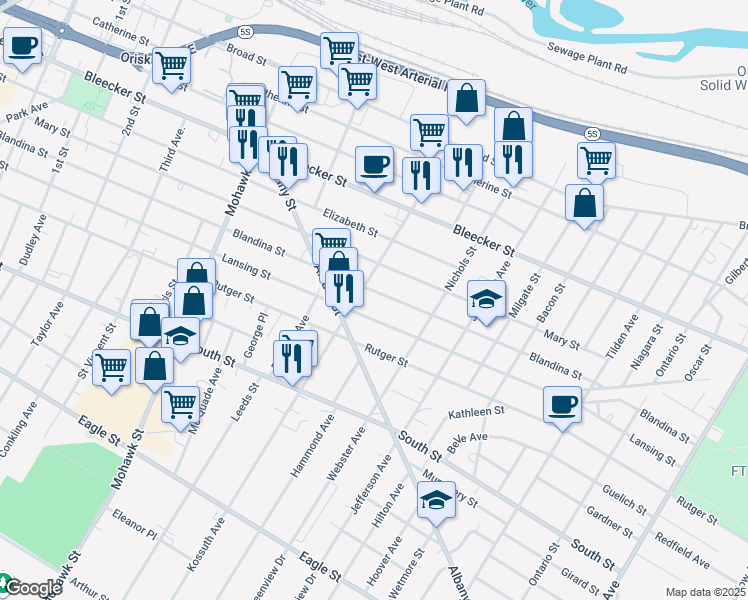 map of restaurants, bars, coffee shops, grocery stores, and more near 906 Blandina Street in Utica