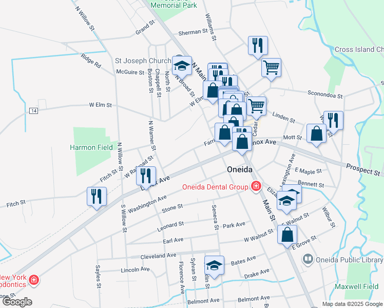map of restaurants, bars, coffee shops, grocery stores, and more near 307 Farrier Avenue in Oneida