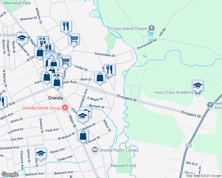 map of restaurants, bars, coffee shops, grocery stores, and more near 282 Wilson Street in Oneida