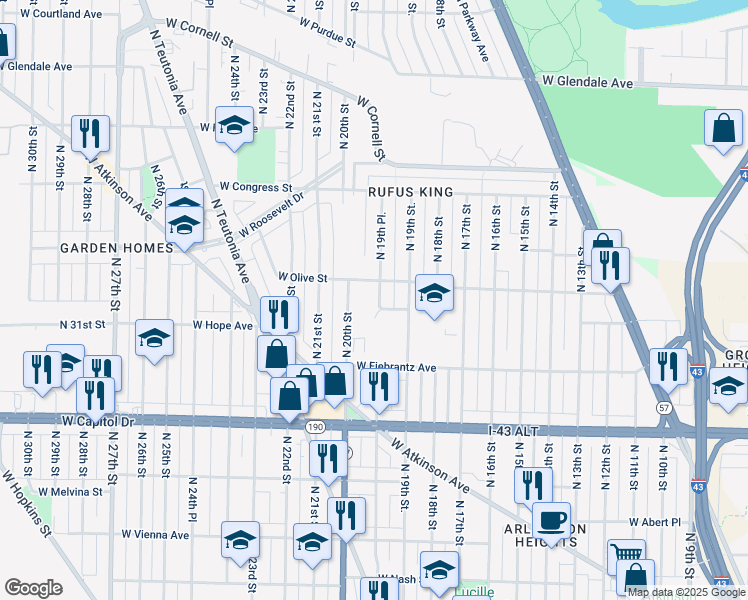 map of restaurants, bars, coffee shops, grocery stores, and more near 4177 North 19th Place in Milwaukee