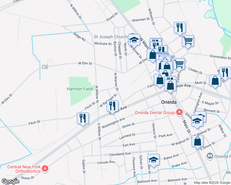 map of restaurants, bars, coffee shops, grocery stores, and more near 105 North Warner Street in Oneida