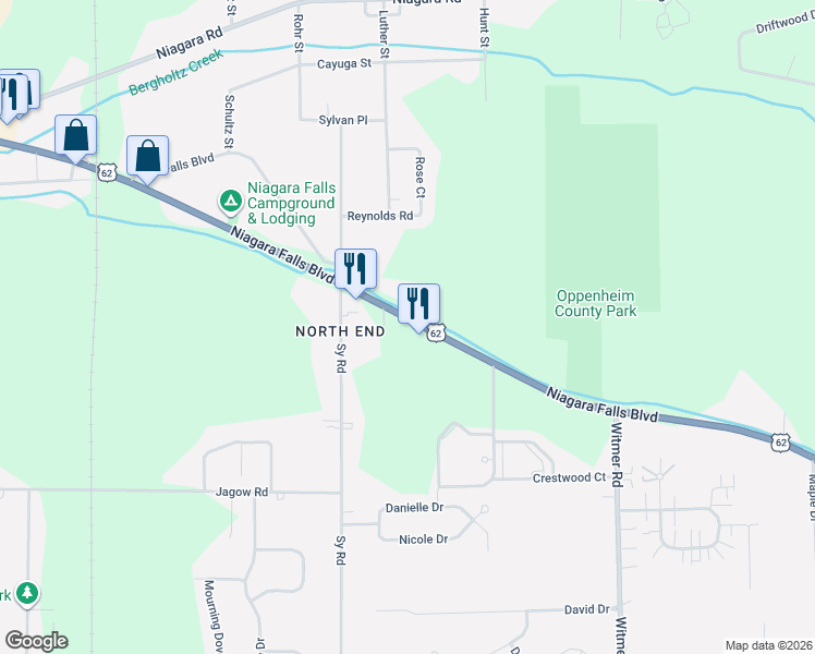 map of restaurants, bars, coffee shops, grocery stores, and more near 2538 Niagara Falls Boulevard in Niagara Falls