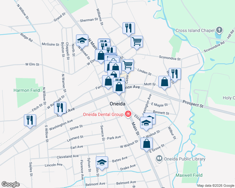 map of restaurants, bars, coffee shops, grocery stores, and more near 212 Main Street in Oneida