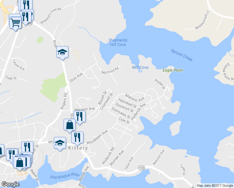 map of restaurants, bars, coffee shops, grocery stores, and more near 127 Manson Avenue in Kittery