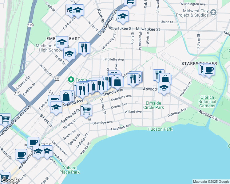 map of restaurants, bars, coffee shops, grocery stores, and more near 2323 Atwood Ave in Madison