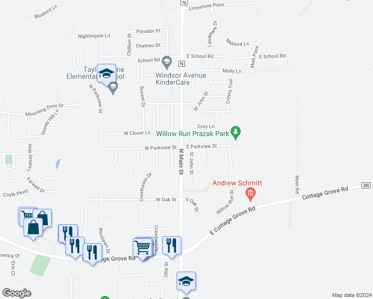 map of restaurants, bars, coffee shops, grocery stores, and more near 102 East Parkview Street in Cottage Grove