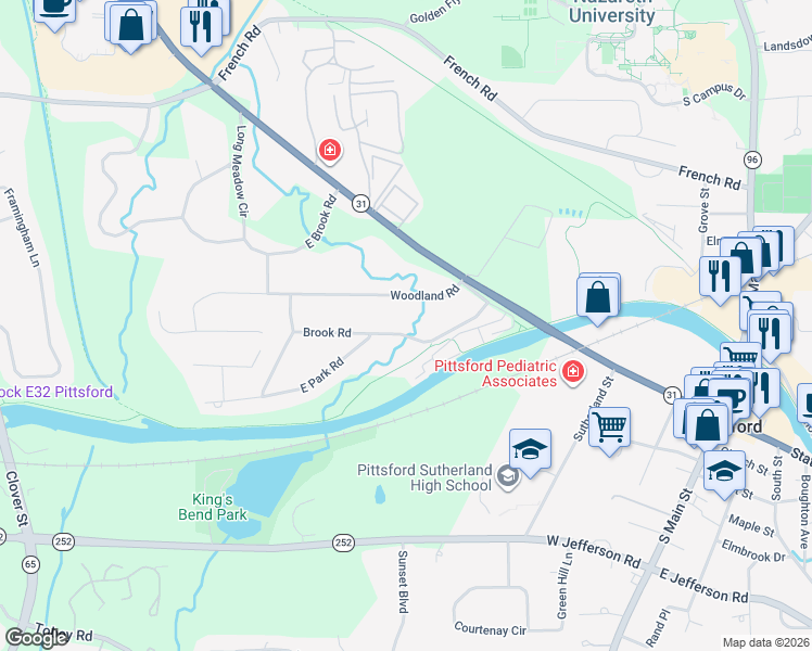 map of restaurants, bars, coffee shops, grocery stores, and more near 39 Brook Road in Pittsford