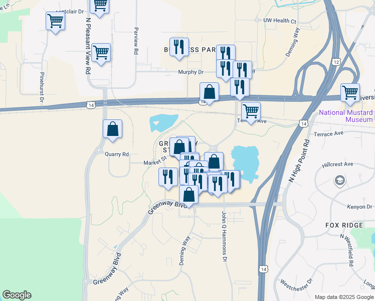 map of restaurants, bars, coffee shops, grocery stores, and more near 8420 Market Street in Middleton