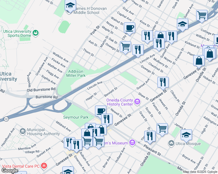 map of restaurants, bars, coffee shops, grocery stores, and more near 902 Sherman Place in Utica