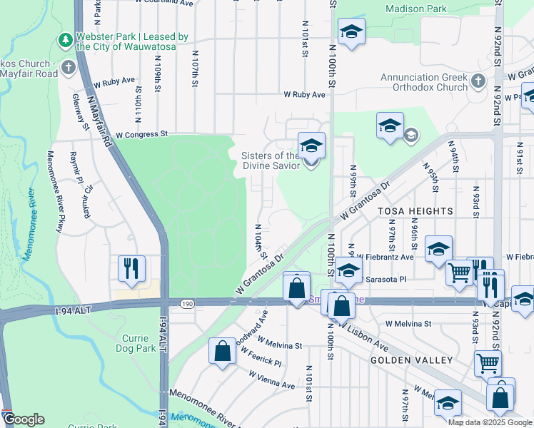 map of restaurants, bars, coffee shops, grocery stores, and more near 4210 North 104th Street in Milwaukee