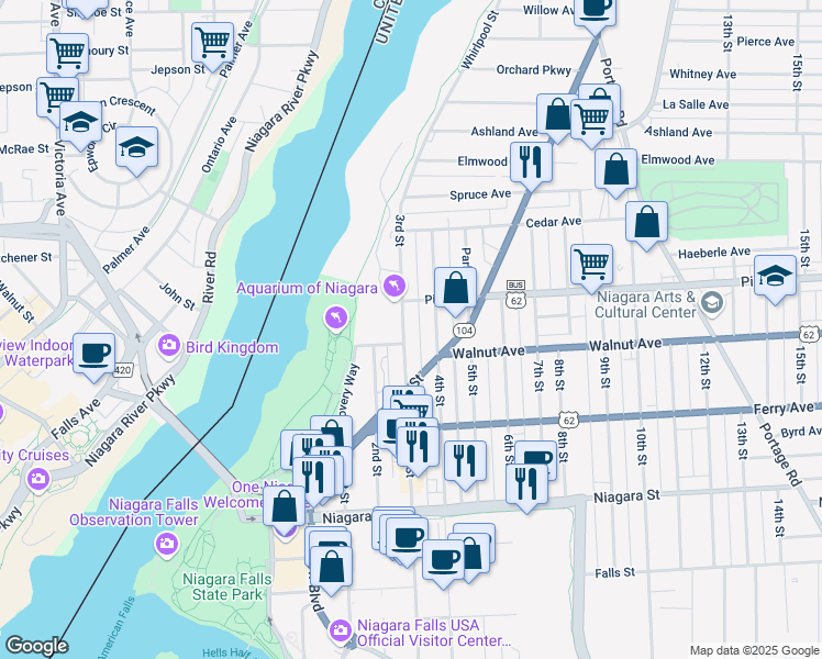 map of restaurants, bars, coffee shops, grocery stores, and more near 611 3rd Street in Niagara Falls