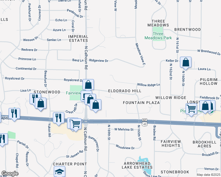 map of restaurants, bars, coffee shops, grocery stores, and more near 16930 Eldorado Drive in Brookfield