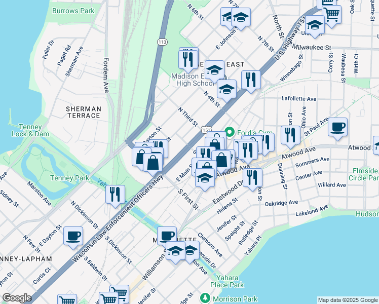 map of restaurants, bars, coffee shops, grocery stores, and more near 18 South 2nd Street in Madison
