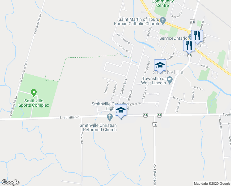 map of restaurants, bars, coffee shops, grocery stores, and more near 103 Anastasia Boulevard in Smithville