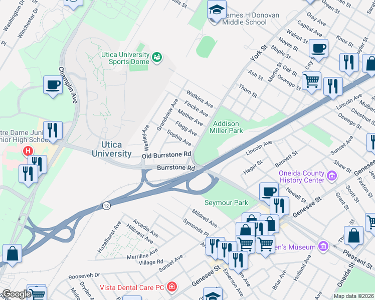 map of restaurants, bars, coffee shops, grocery stores, and more near in Utica