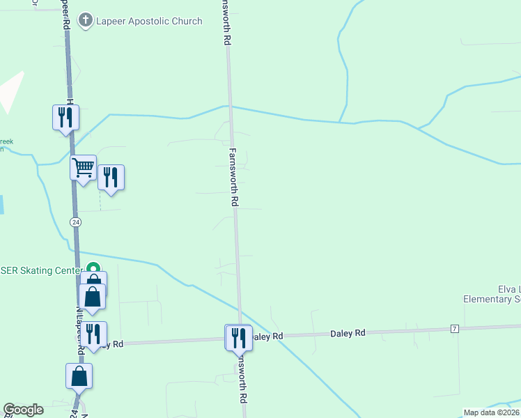 map of restaurants, bars, coffee shops, grocery stores, and more near 2192 Farnsworth Road in Lapeer