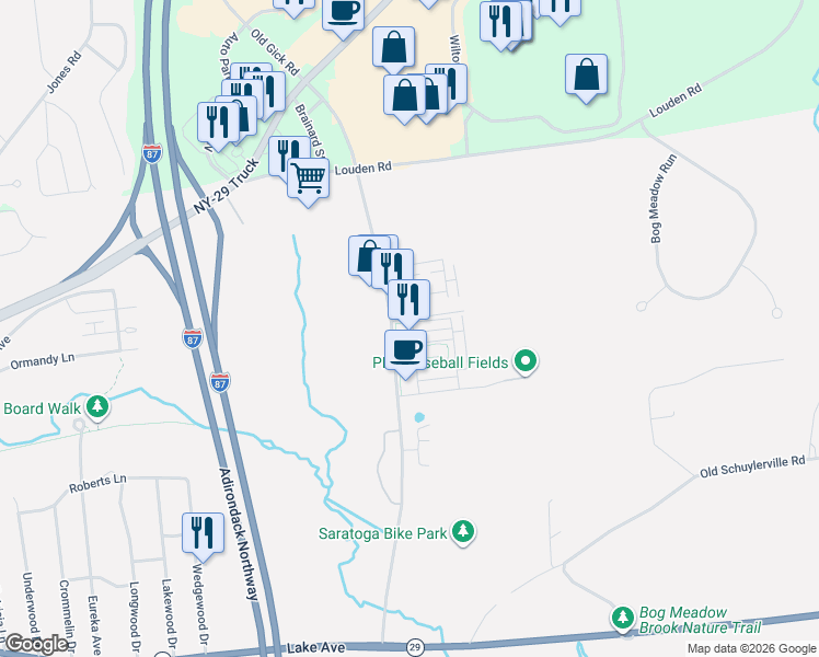 map of restaurants, bars, coffee shops, grocery stores, and more near 9 Hampstead Place in Saratoga Springs