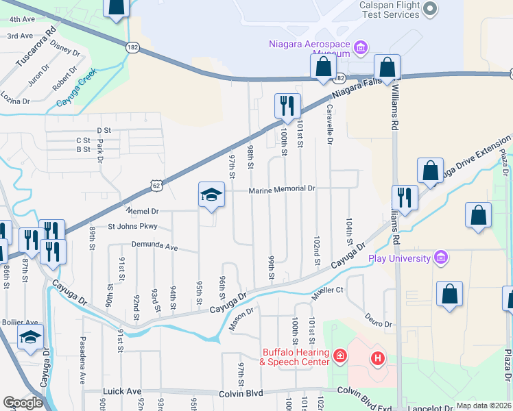 map of restaurants, bars, coffee shops, grocery stores, and more near 1519 98th Street in Niagara Falls
