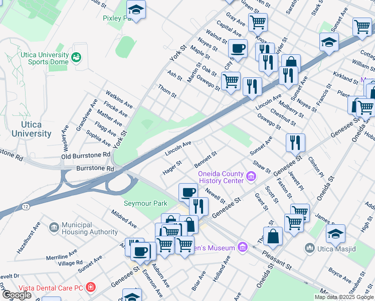 map of restaurants, bars, coffee shops, grocery stores, and more near 1012 Lamb Street in Utica