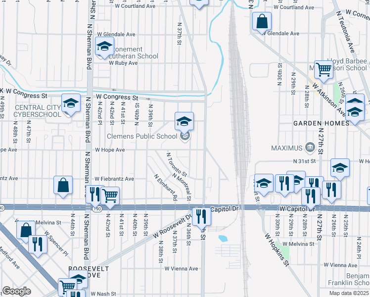 map of restaurants, bars, coffee shops, grocery stores, and more near 3600 West Hope Avenue in Milwaukee