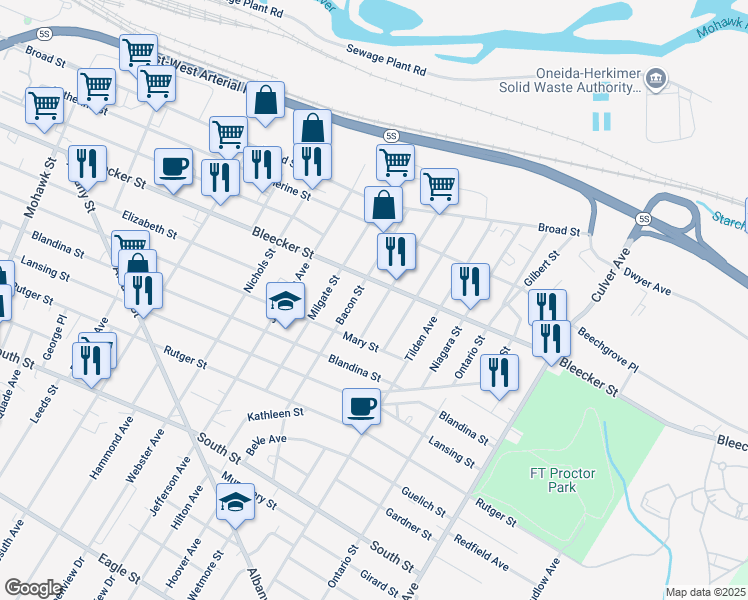 map of restaurants, bars, coffee shops, grocery stores, and more near 506 Wetmore St in Utica