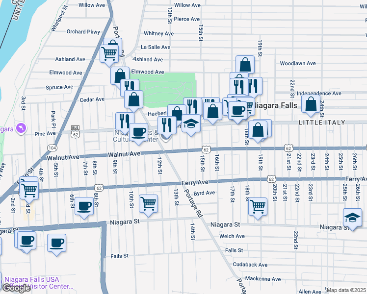 map of restaurants, bars, coffee shops, grocery stores, and more near 1322 Walnut Avenue in Niagara Falls