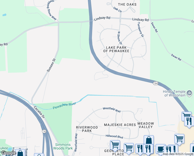 map of restaurants, bars, coffee shops, grocery stores, and more near 596 Pewaukee Road in Pewaukee