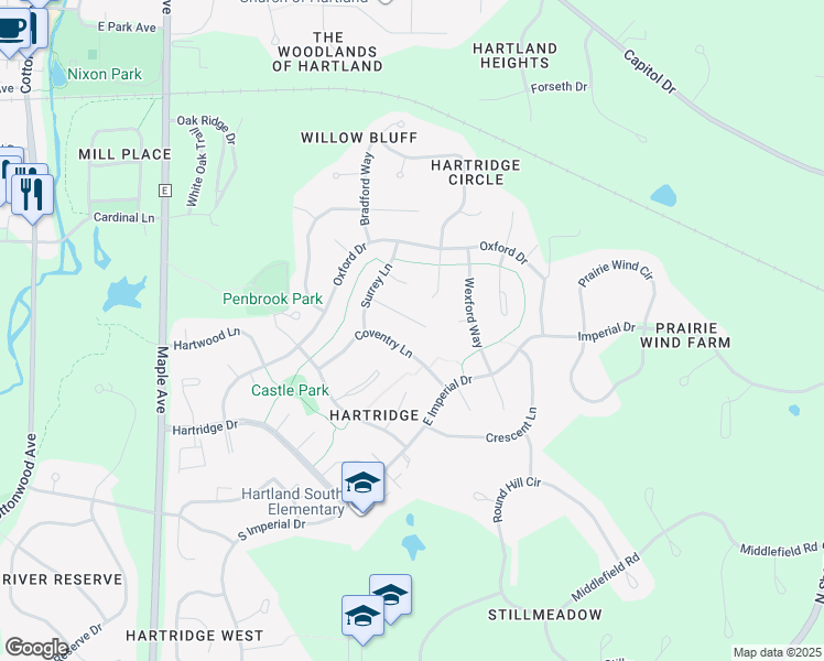 map of restaurants, bars, coffee shops, grocery stores, and more near 723 Cameron Circle in Hartland