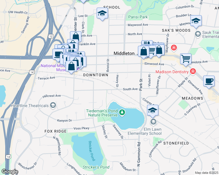 map of restaurants, bars, coffee shops, grocery stores, and more near 7212 South Ave in Middleton