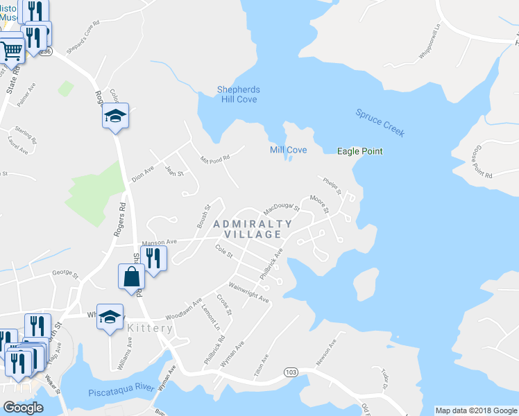 map of restaurants, bars, coffee shops, grocery stores, and more near 145 Manson Avenue in Kittery