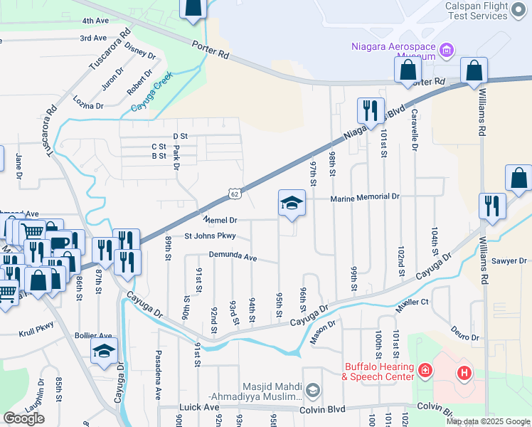 map of restaurants, bars, coffee shops, grocery stores, and more near 9416 Niemel Drive in Niagara Falls