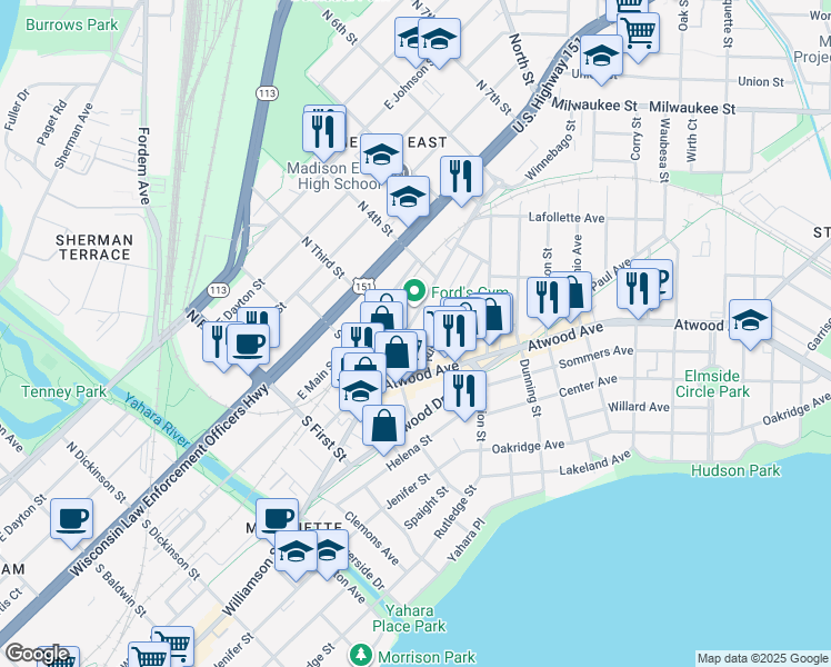 map of restaurants, bars, coffee shops, grocery stores, and more near 2071 Winnebago Street in Madison
